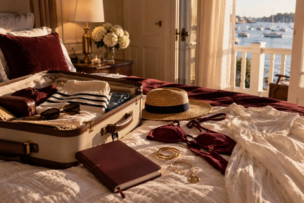 Open suitcase on an inn bed with linen, burgundy swimsuit, straw hat, and harbor sailboats through French doors
