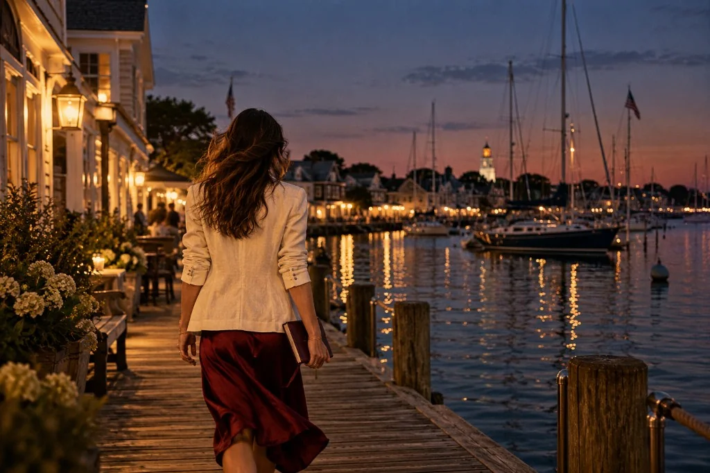 Woman in cream blazer and wine skirt walking an Island harbor boardwalk at dusk with a leather notebook