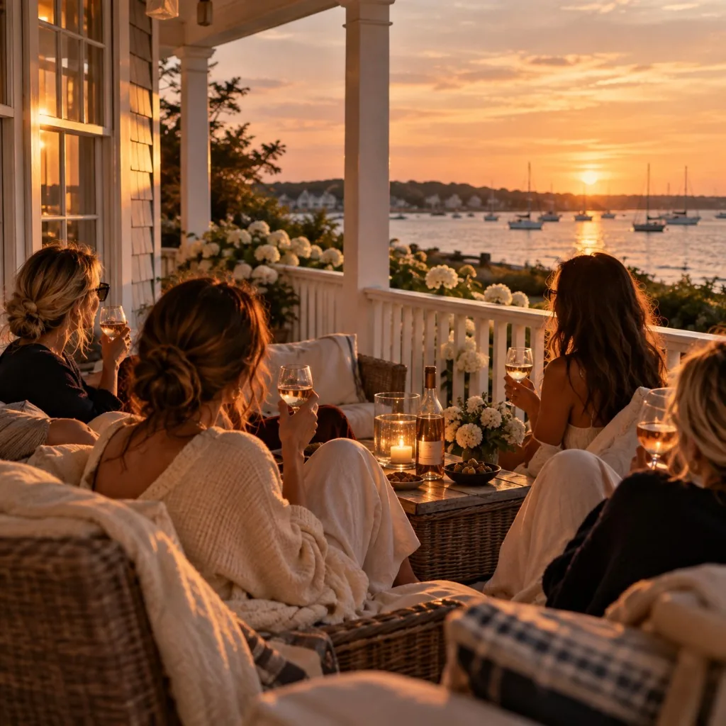 Friends relaxing with wine on a porch overlooking a calm harbor at sunset