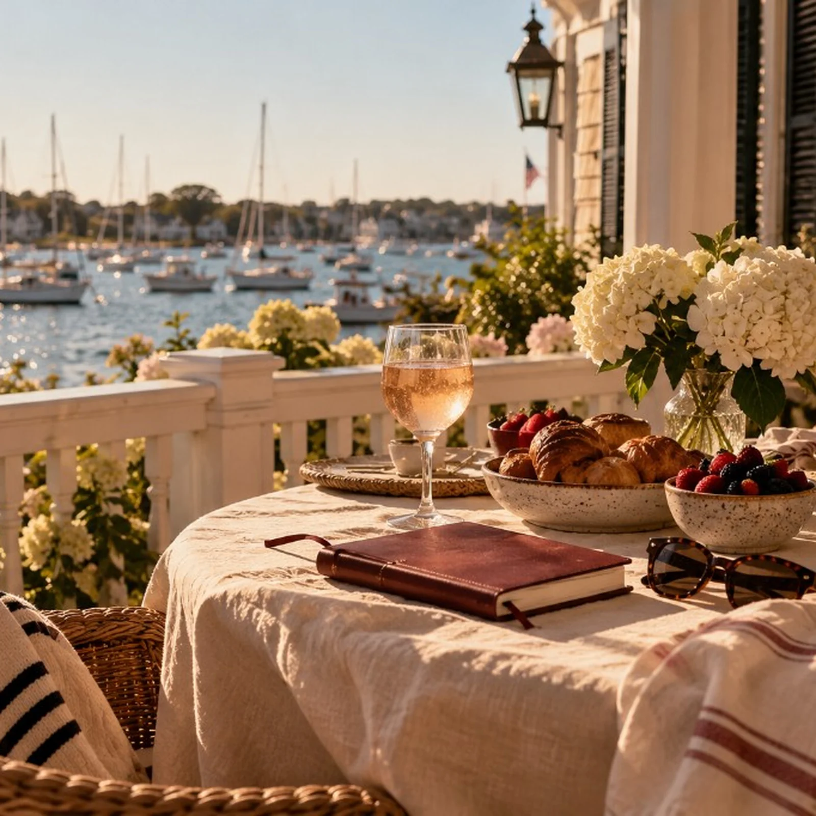 Porch brunch table with rosés, berries, croissants, and harbor sailboats beyond the railing