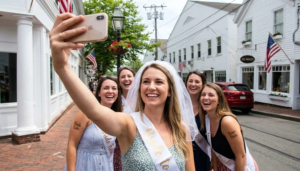 Bachelorette group gathered for a selfie on an Edgartown sidewalk