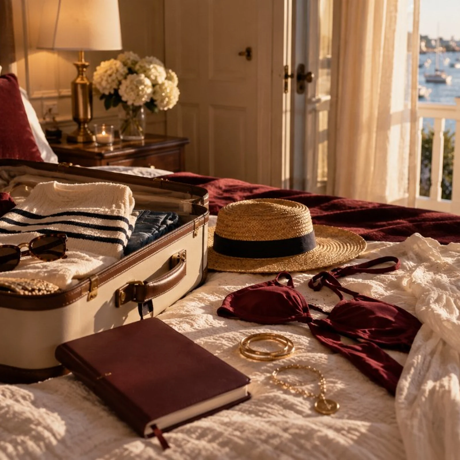 Packing flat lay on a cream quilt: open suitcase, striped sweater, burgundy details, and harbor light beyond